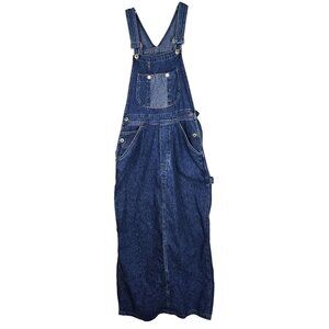 VTG 90s Express Bleus Denim Long Overall Dress M Modest Back Slit Patchwork